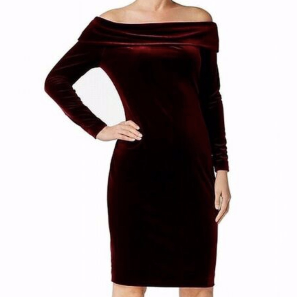 Calvin Klein Red Velvet Off Shoulder Sheath Dress